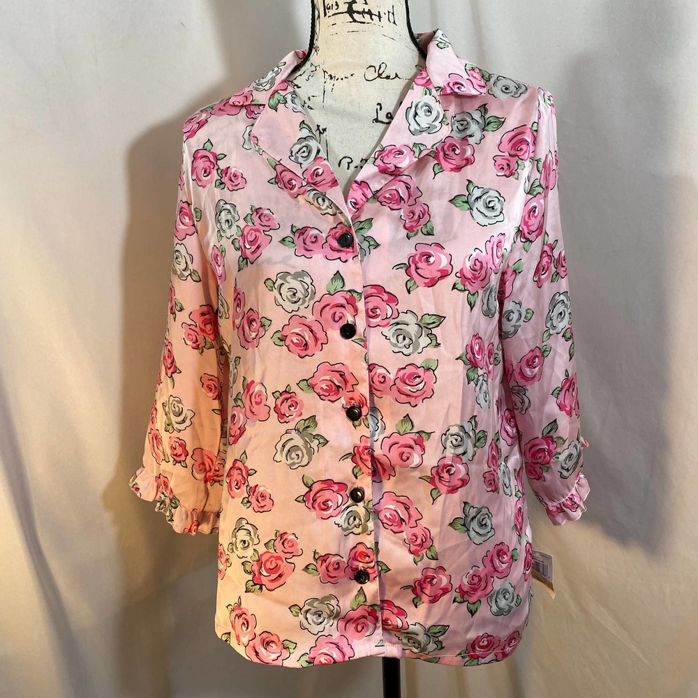 Jenni Intimates Woman's Floral Print Button Down Pajama Sleep Shirt Sz M